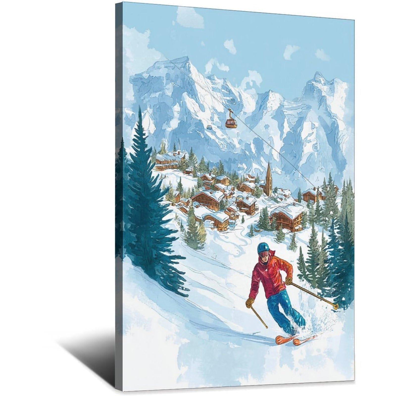iPuzou Grindelwald Switzerland Ski Posters 20x30inch(50x75cm) Vintage Watercolor Canvas Art