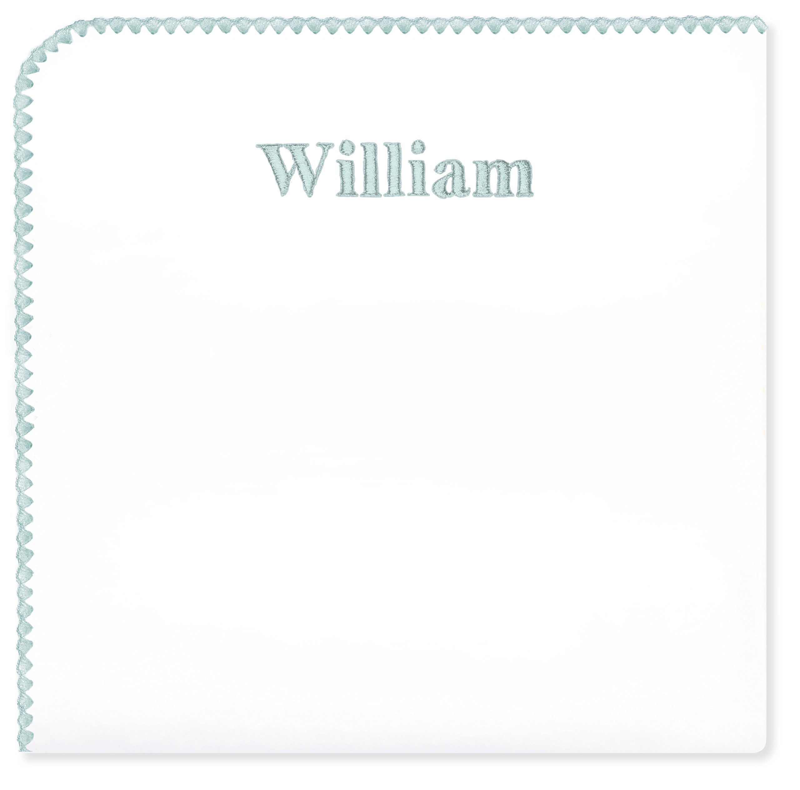 Personalize It, Baby Gift Blanket, Ultimate Swaddle, Made in USA, Premium Cotton Flannel, Plain White with Pastel SeaCrystal Trim Large 42