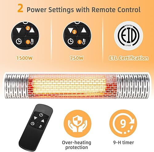 Miniatura 5 de Tangkula Calentador de patio montado en la pared de 1500 W, calentador eléctrico de infrarrojos lejanos para patio con control remoto, 2 ajustes de