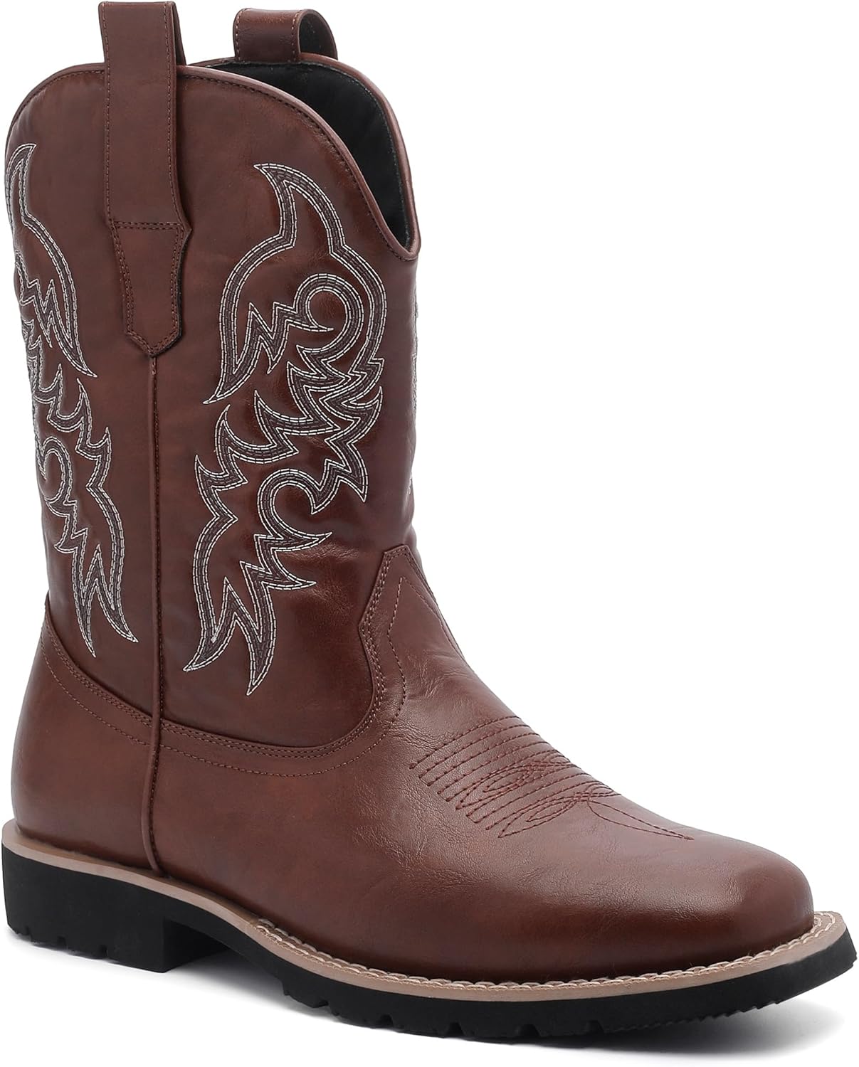Men's Cowboy Boots, Wide Square Toe Western Boots with Classic Embroidery, Lightweight Boots with Side Zipper Holes, Slip-Resistant Durable Retro Boots for Rodeo, Farm, Gifts