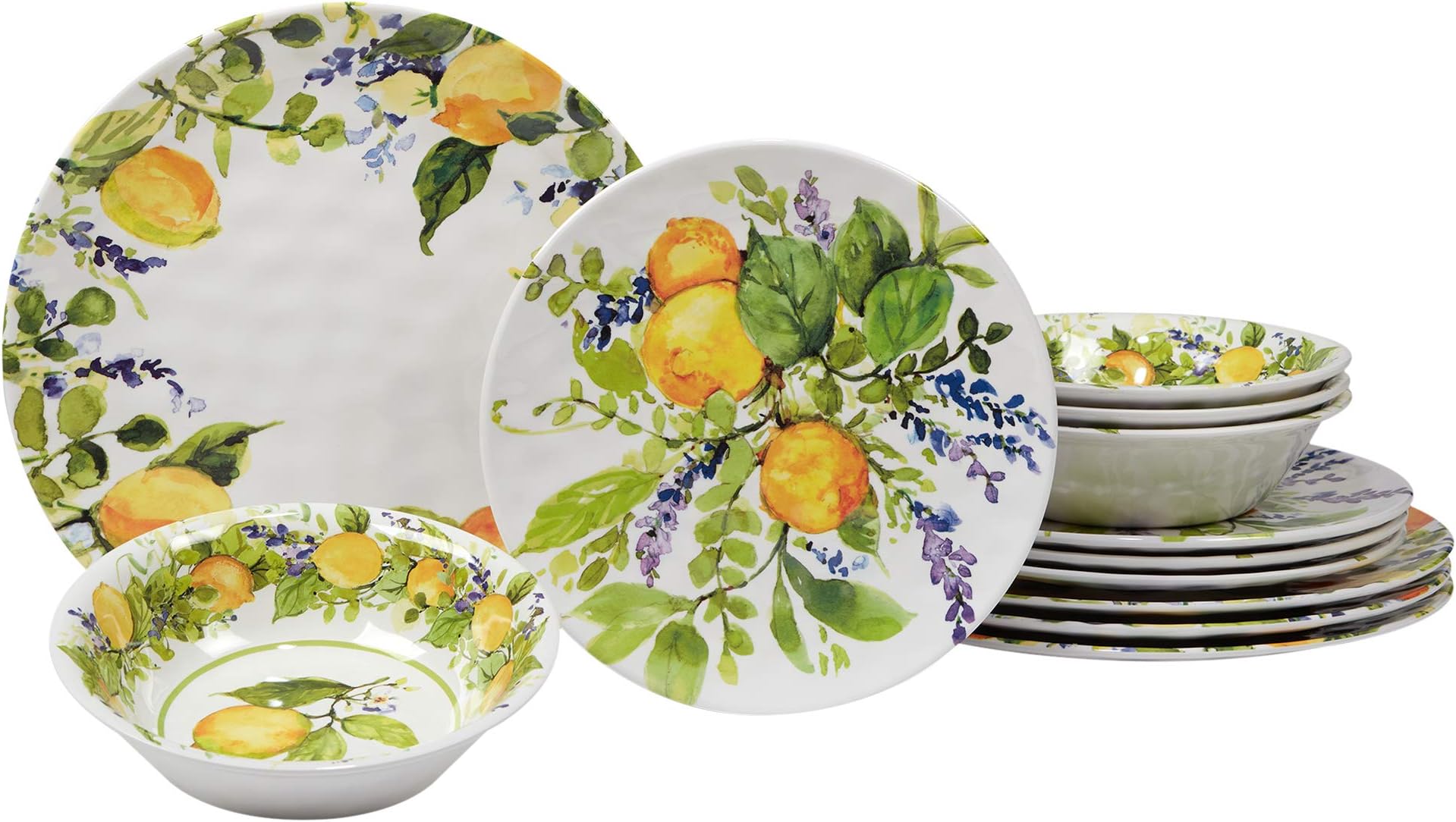 Lemon Zest 12-Piece Melamine Dinnerware Set, Service for 4 – Unbreakable Outdoor Plates & Bowls for Patio Dining, Summer BBQs, Poolside Meals, Picnics, Everyday Family Use & Entertaining