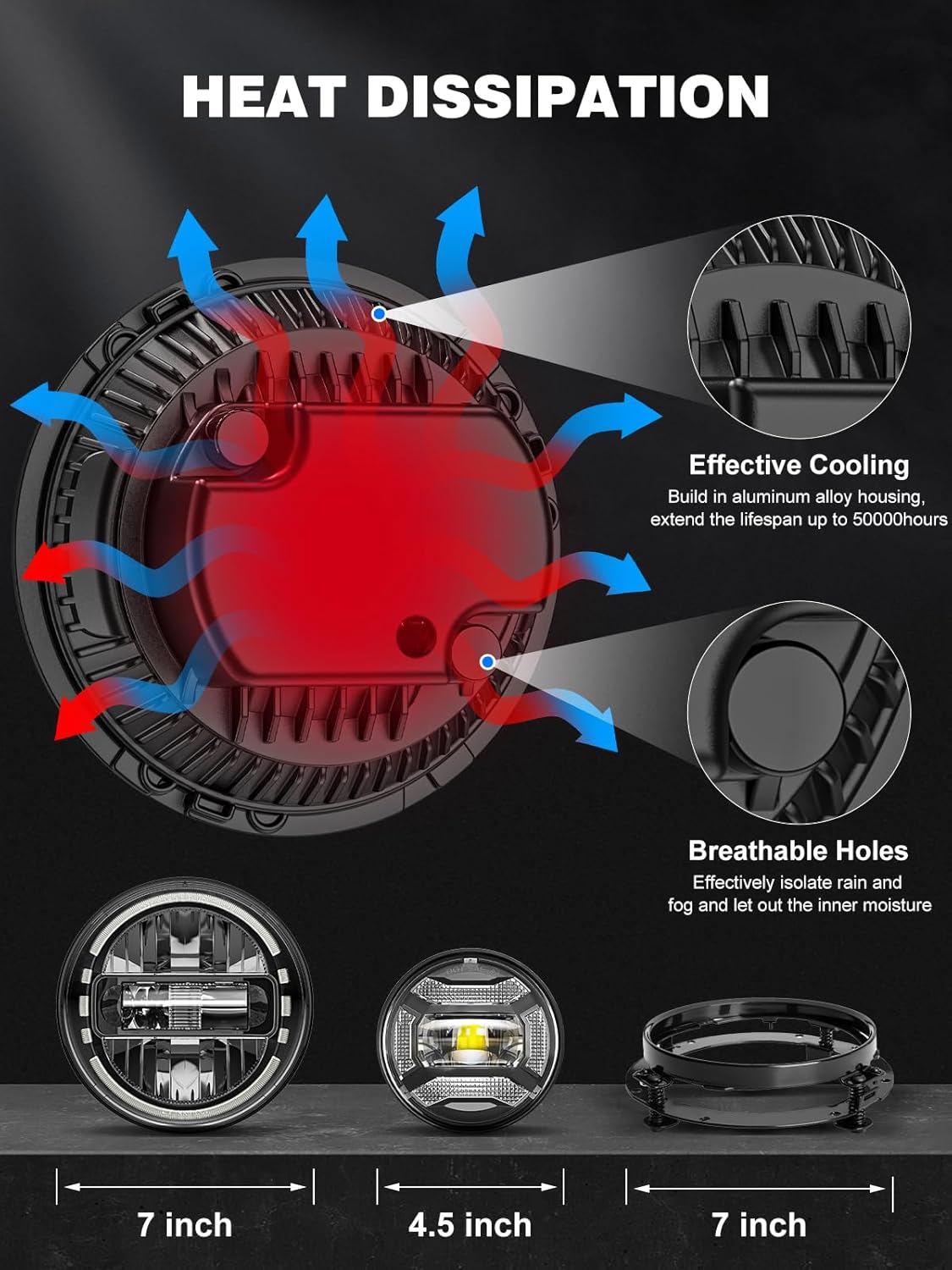 SPL 1000% Bright 7 inch Motorcycle LED Headlight with Halo DRL 4.5" Fog Passing Lights DOT Kit Compatible with Road King Electra Glide Street Glide Heritage Softail Ultra Classic Fat Boy Tri, Black