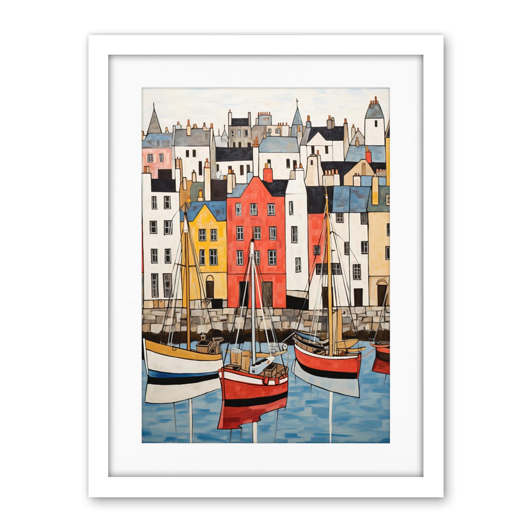 Artery8 Colourful Town Harbour Acrylic Painting Red Yellow Blue Fishing Boats Coastal Townscape Artwork Framed Wall Art Print 18X24 Inch