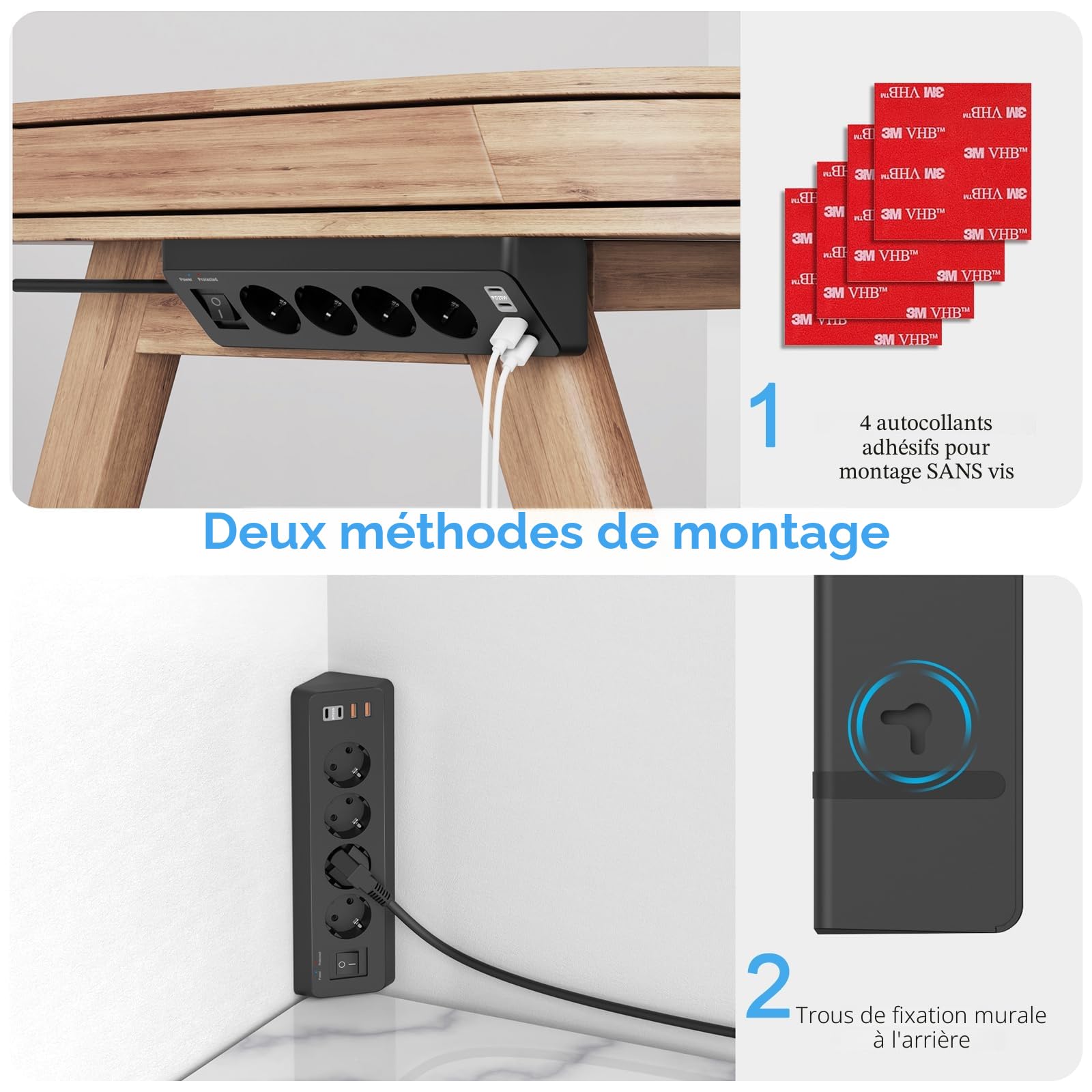 Prise d'angle 4 Compartiments avec USB C(PD 20W), SUDEERY multiprise 8 en 1 4 Prises USB Multiples avec Interrupteur, multiprise avec Protection Contre Les surtensions avec câble 2M pour la Cuisine