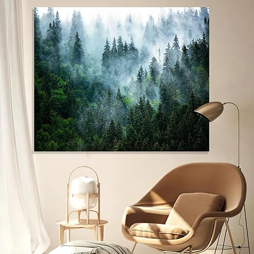 Miniatura 8 de Atrippy Tapiz de bosque brumoso para dormitorio, tapiz de pared de paisaje neblinoso con niebla natural, arte de pared de árboles verdes, decoración