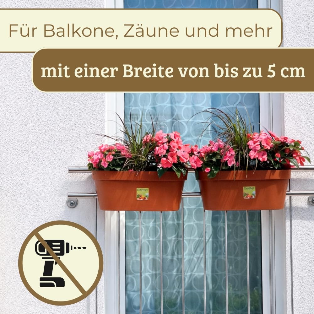 GarPet 4er Set Geländerkasten Balkon mit Wasserspeicher Blumentopf Zaun Blumenkasten Geländer Balkontopf Balkonkasten Geländerkasten Blumenkasten Balkon Terracotta 50 cm