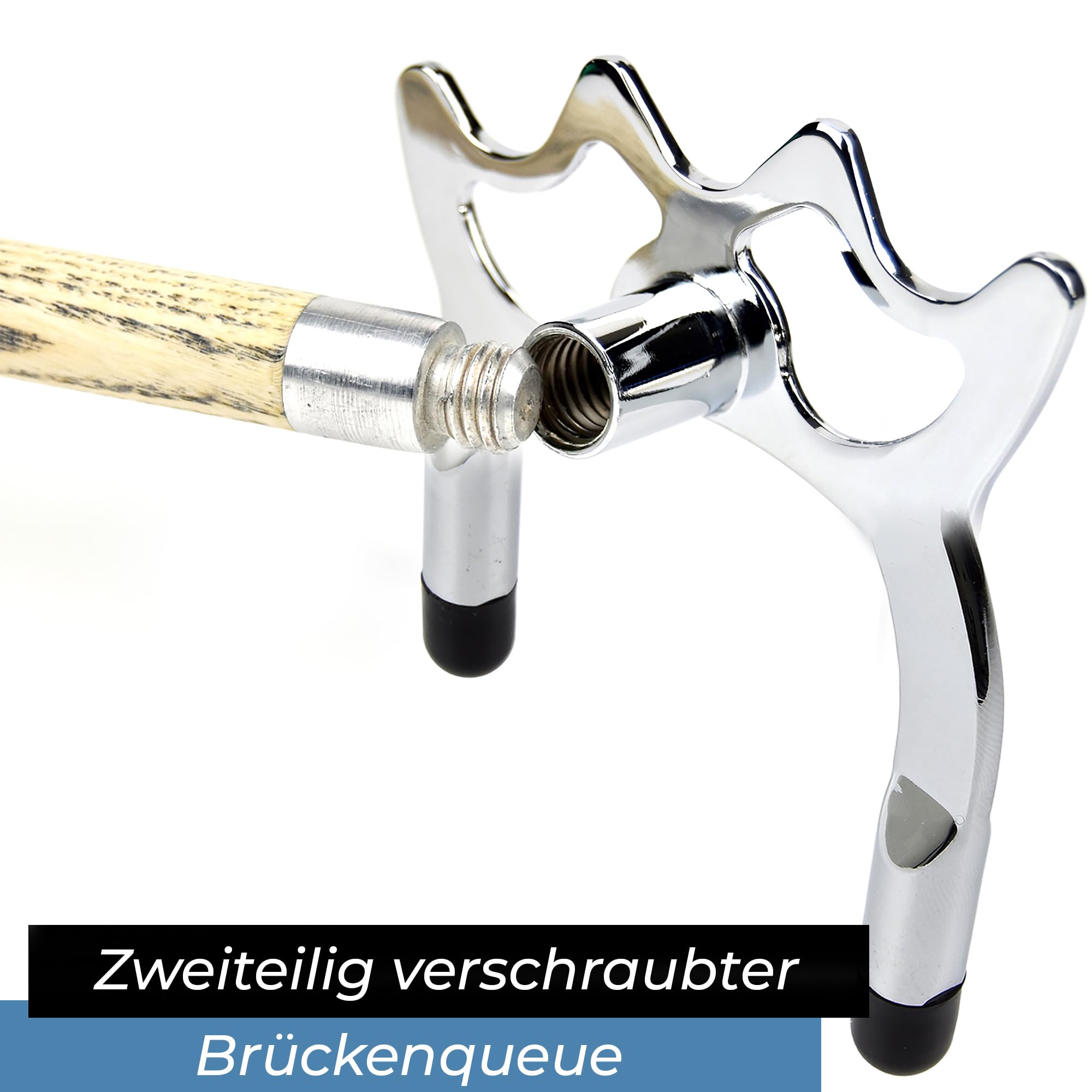 Winsport Brückenqueue Set inkl. Chrom-Aufsatz hoch oder flach, 145 cm für Billardtische und Snooker, Cue Verlängerung, Hilfs-Queue, aus Eschenholz mit Alu-Gewinde für Brücke, zweiteilig, transportabel