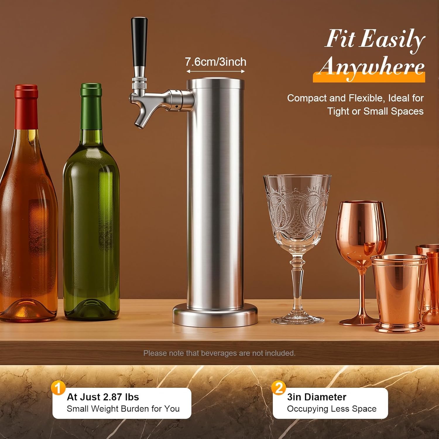 Torre Cerveza Inox, Dispensador de Presión Grifo Único Con Apagado Automático, Bar Casa Restaurante, Vino Blanco Jugo Café Té, Acero Cromado Plata Cilíndrica, 32X7,6 Cm