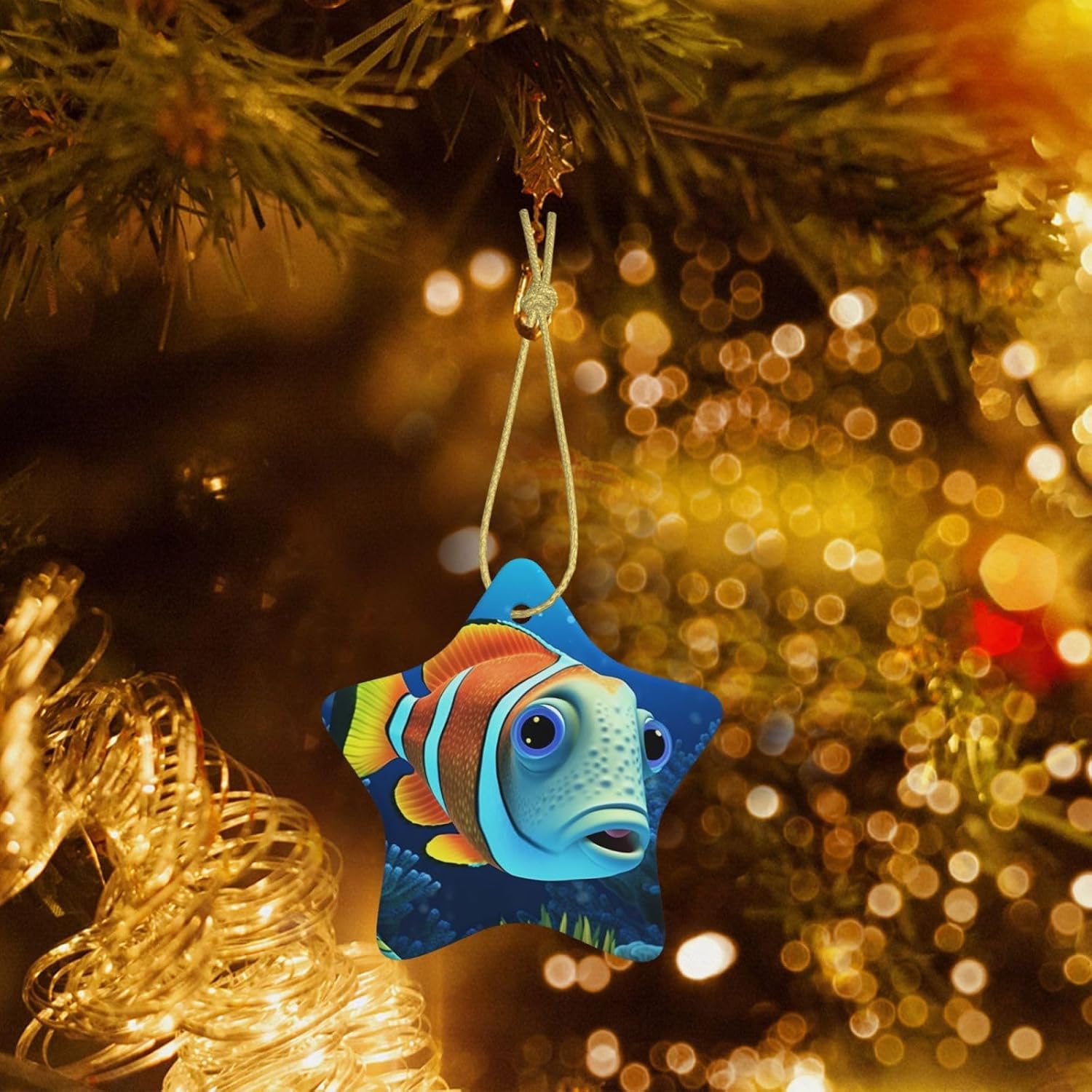 Christmas Ornaments Ceramic Star Shaped Christmas Hanging Ornament Double-Sided Underwater Cartoon Fish Print Christmas Tree Pendants for Xmas Tree Fireplace Party Holiday Wedding