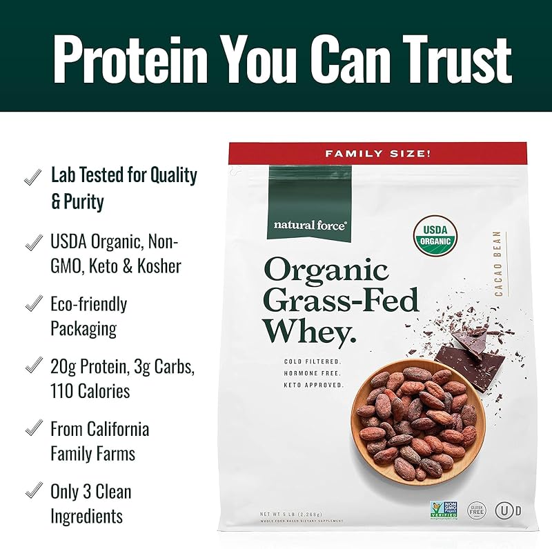 Natural Force Whey Protein Powder – Chocolate, 5 lbs – Grass Fed Organic, Pure, Keto & Paleo Friendly, Low Carb, Kosher, Non GMO – Family Size A2 Protein image 3
