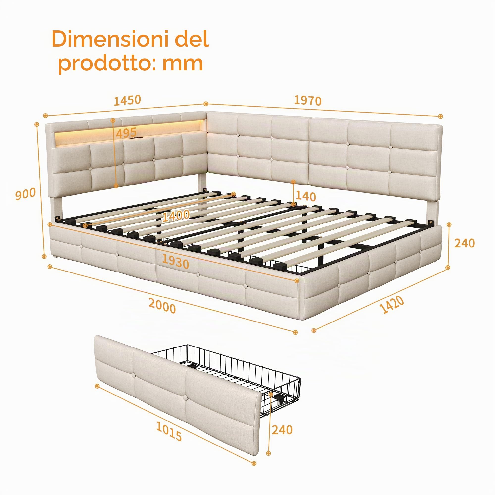 Divano Letto in Lino 140x190cm, Fresco Naturale,con 2 cassetti | Lino anticaldo, cassetti ruote, rete a doghe, presa UE+LED, beige,per adulti/ragazzi in camera/soggiorno. (Nessun materasso)