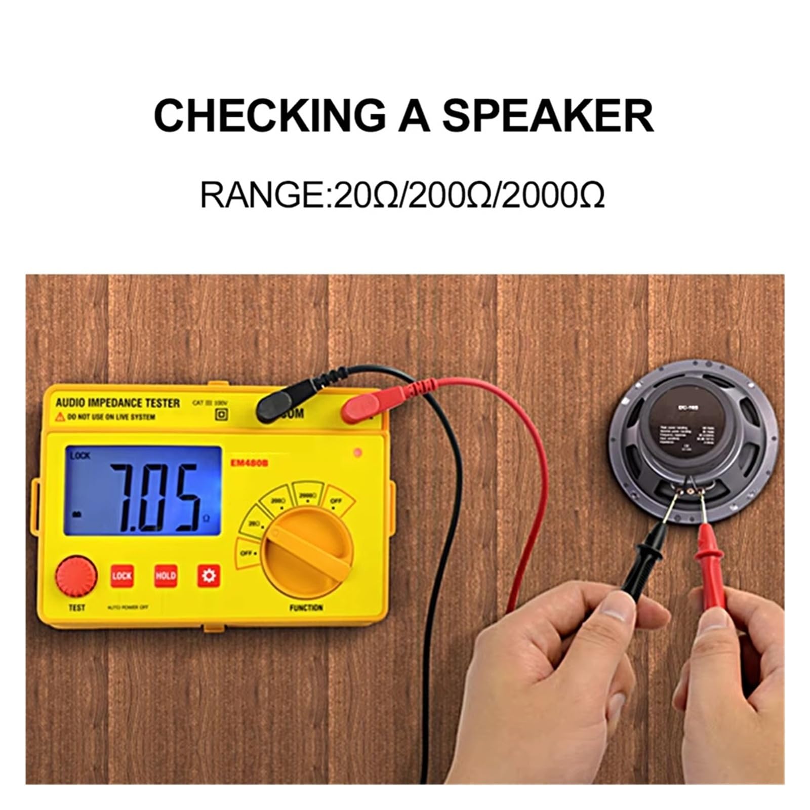 Testeur d'impédance audio portable EM480B avec plages de test 20/200/2000, résistance, fonction minuterie, maintien des données Large gamme d'applications