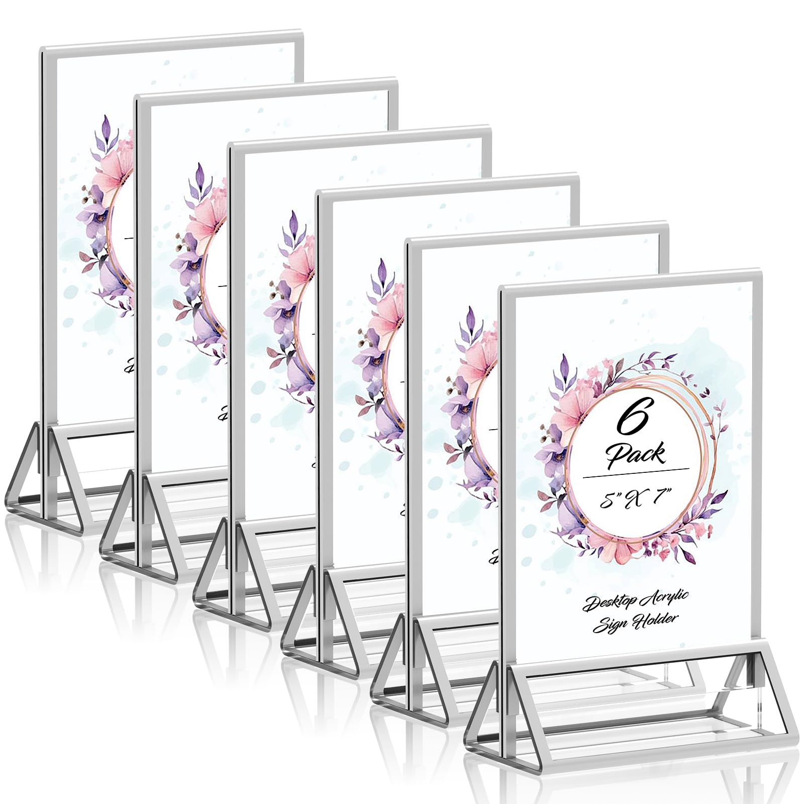 PPH-Sisy Clear Acrylic Sign Holder 5X7 with Silver Borders Display Stand, Double Sided Acrylic Picture Frames Plastic Sign Holder for Wedding Table Numbers Menu Holder (6 Pack)