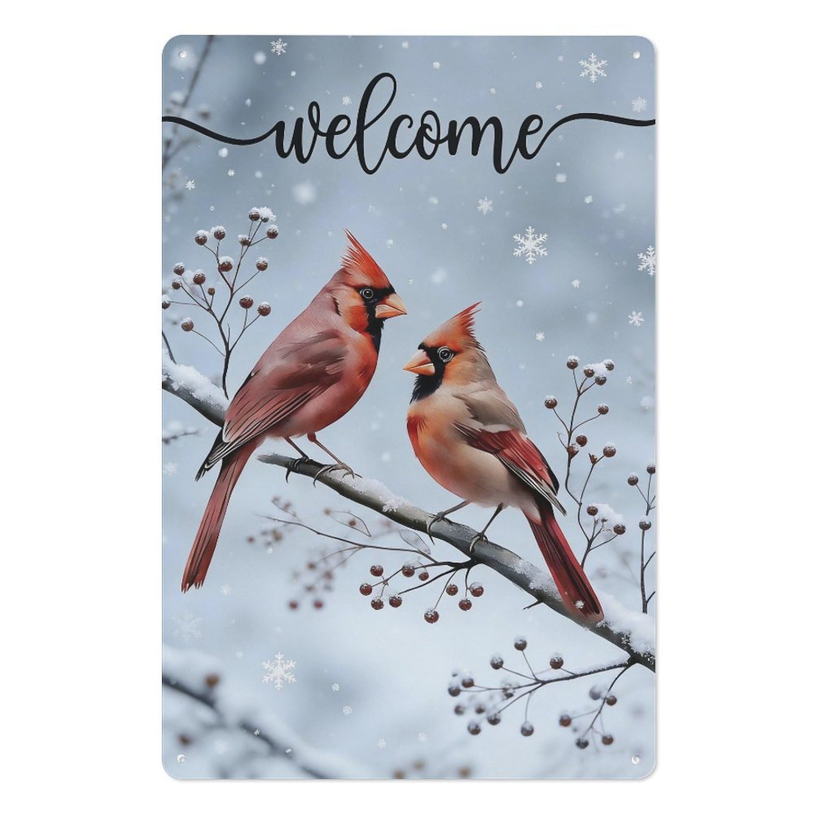 peiyeety Winter Red Cardinal Metal Tin Sign 8x12 Inch – Welcome Wall Decor Plaque for Home & Holiday Season