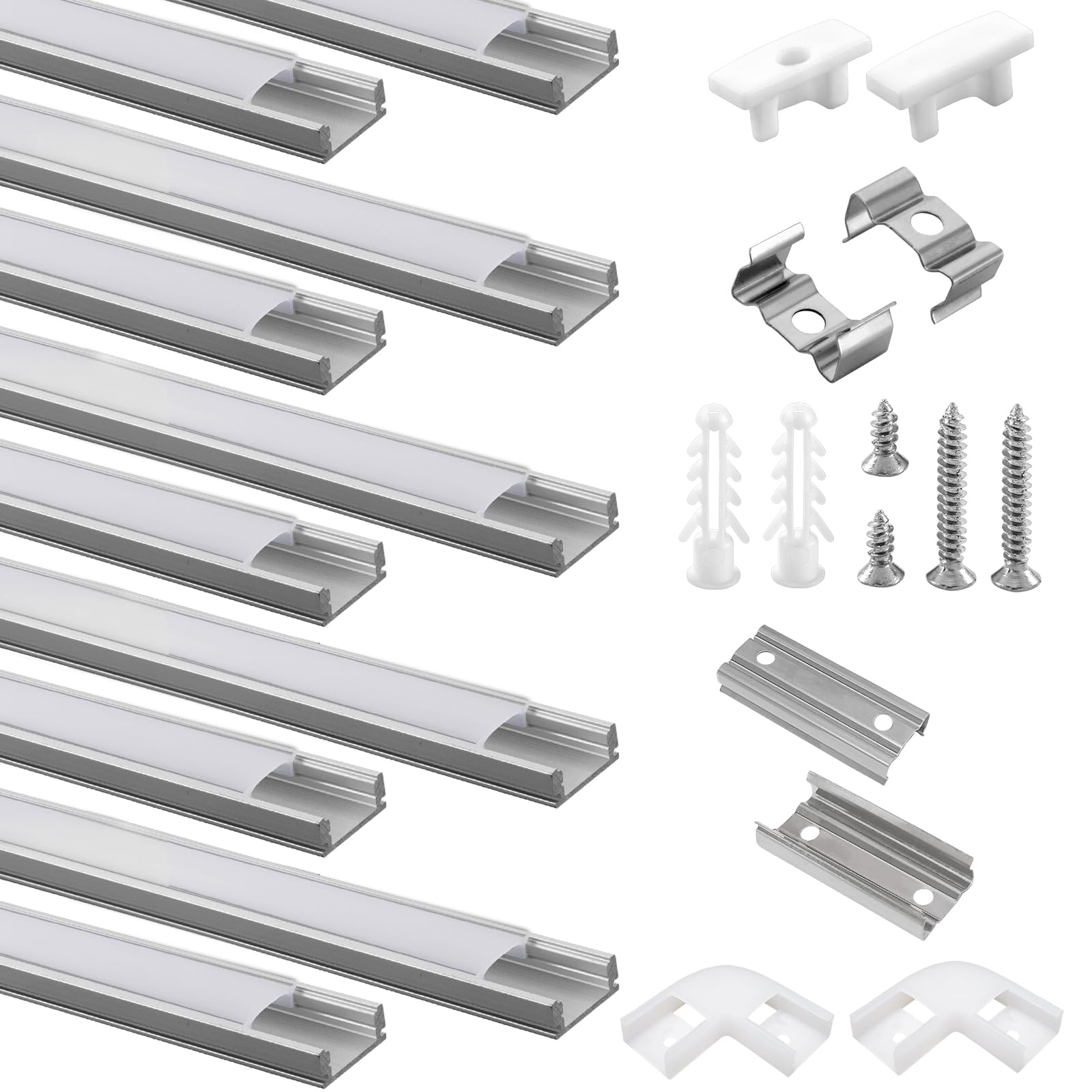 Efishine 10 Pack LED Profile Aluminium 10 x 1 m, U-Shape Aluminium Profile with Milky Cover for LED Strips, End Caps and Mounting Bracket for LED Strips, Very Easy Installation
