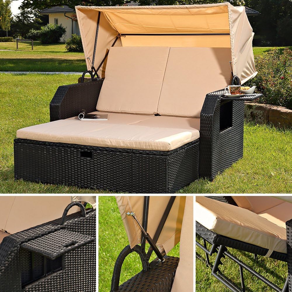 Melko Sonnenbett/Strandkorb/Lounge aus Polyrattan, Schwarz, inkl. klappbaren Seitentisch +verstellerbarer Rückenlehne + Faltbare Sonnenschutzdach
