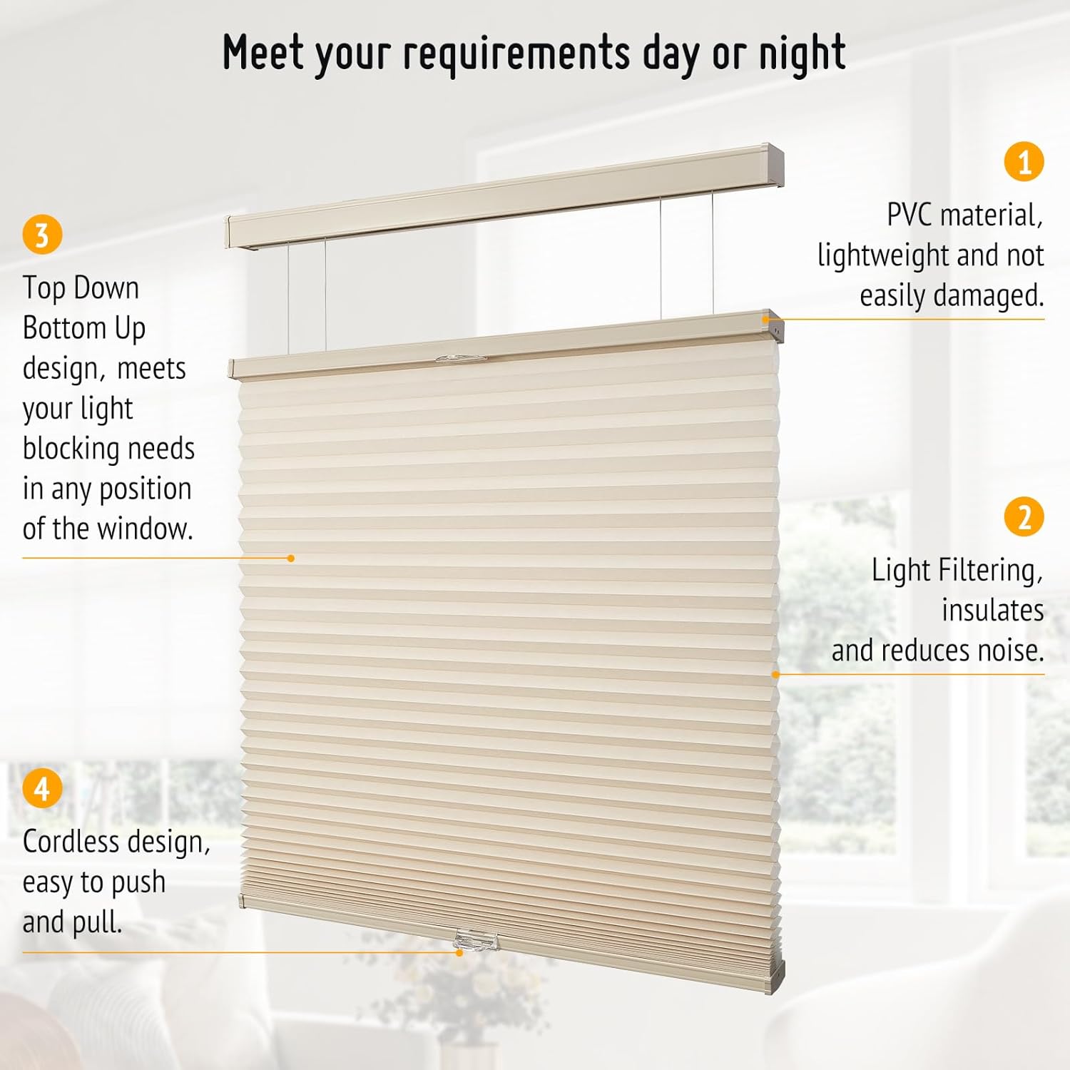 Keego Top Down Bottom Up Cellular Shades Cordless Honeycomb Blinds 9/16" Single Cell Thermal Insulated Window Shades for Indoor Windows (Cotton (Light Filtering), 62" W x 72" H)