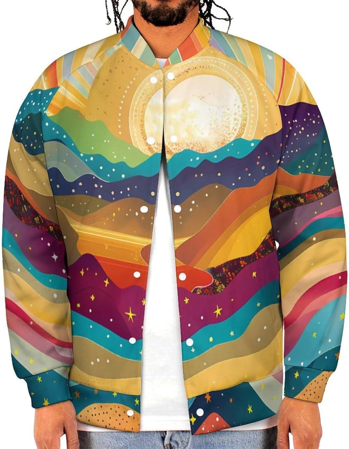 Psychedelic Landscape with Mountains Sun Novelty Men's Baseball Jackets Causal Sweatshirt Button Top Long Sleeve Coat