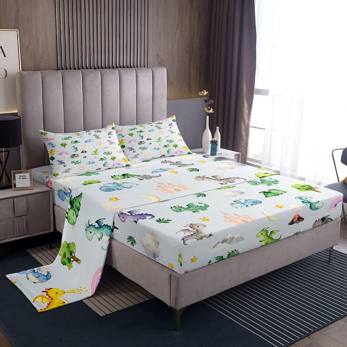 Kids Baby Dragon Bedding Full Size Animal 4 Pieces Sheet With 26 Inch Deep Pockets for Boys Girls Bedroom Decor Cartoon Wildlife Bed Sheets Set Soft Microfiber Women Men Blue Green With 2 Pillow Case