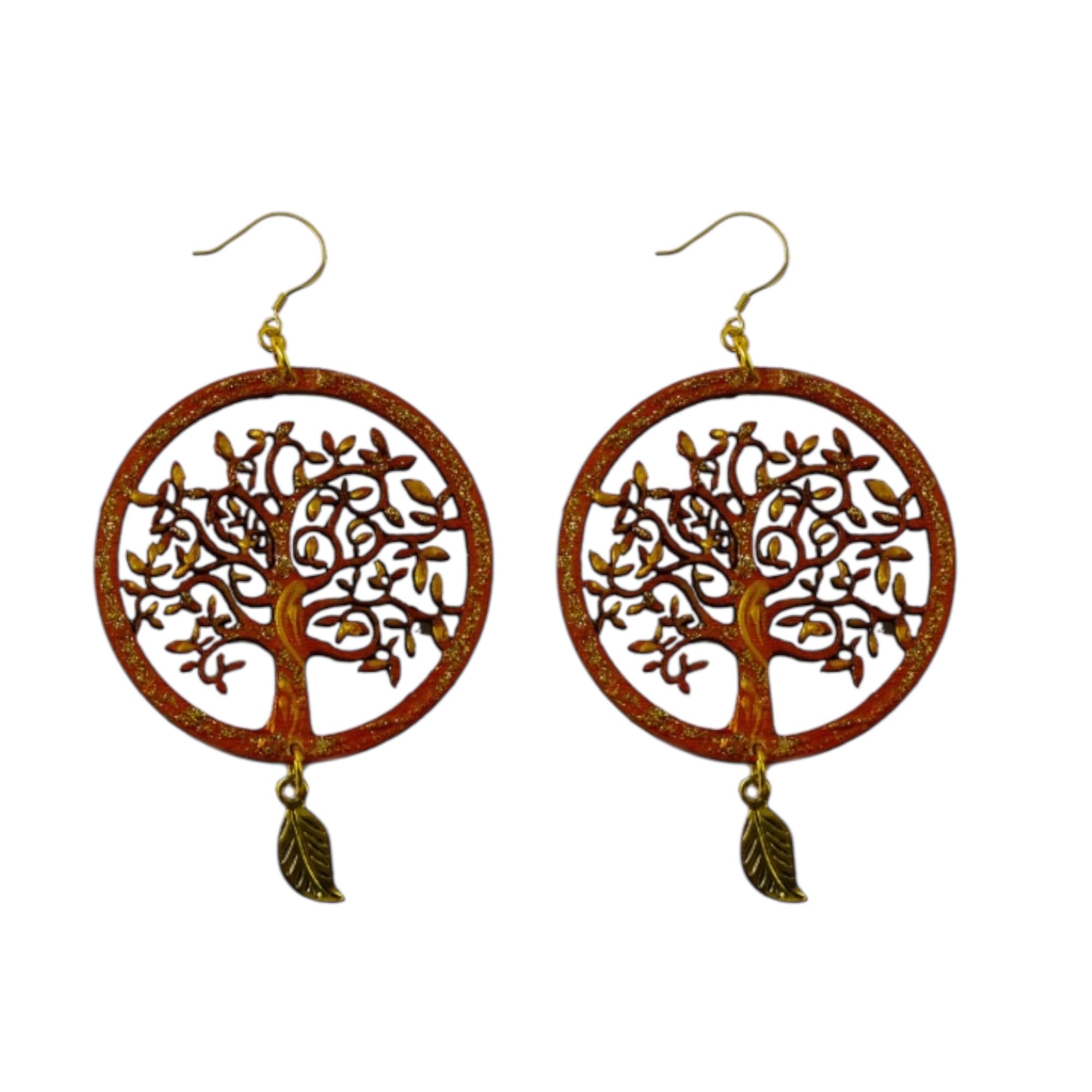 Boucles d'oreilles peintes à la main - L'ARBRE DE VIE DE KLIMT - Boucles d'oreilles pendantes pour femme, Bijoux en bois peint, Crochet en argent, Fabriqué en Italie, Bijoux décorés, Artisanat