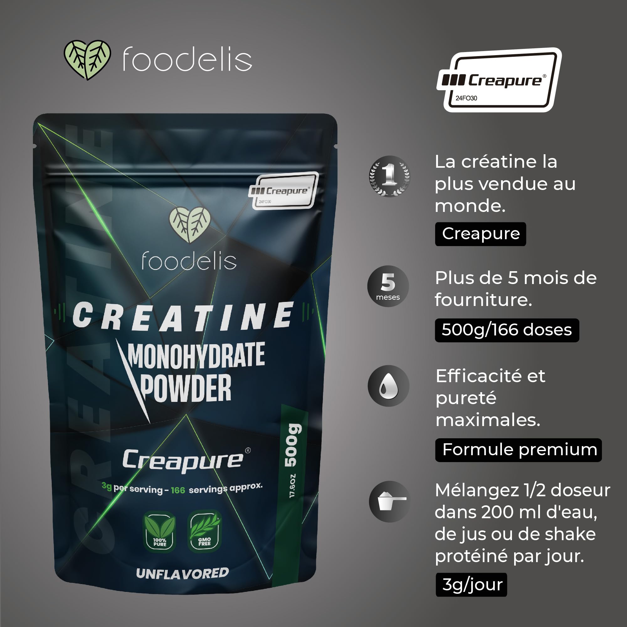 Foodelis Creatine Monohydrate Creapure 500g en poudre - 100% Creatine Creapure - Sans arôme, Non-OGM, Pure et sans additifs - Avec dosette incluse - Haute solubilité