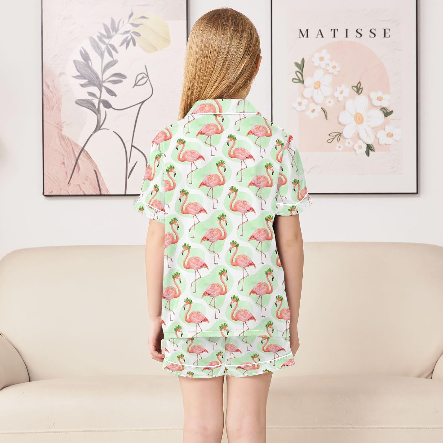 Kids Satin Wear Set Four Leaf Clover Flamingo Relaxing Clothing Short Sleeve and Shorts