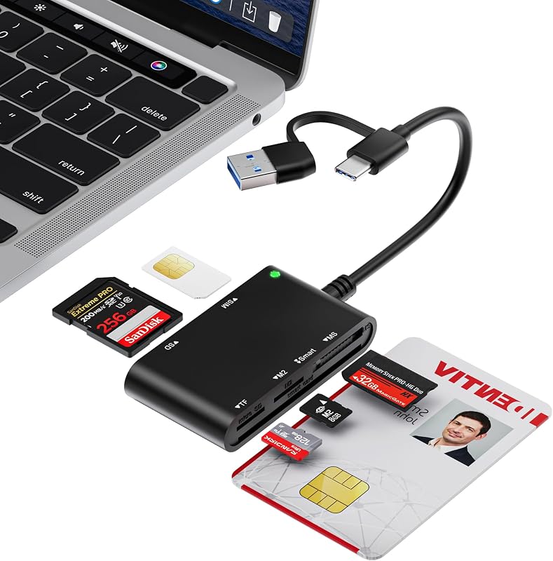 Adaptador de tarjeta SIM 7 en 2 USB C/A para iPhone, lector de tarjetas inteligentes para militares CAC Lector de tarjetas militares, SD/TF/SIM/PIV/M2/IC/ID/MS Pro Duo Lector de tarjetas de memoria para iPhone, iPad, Windows, Mac, Linux