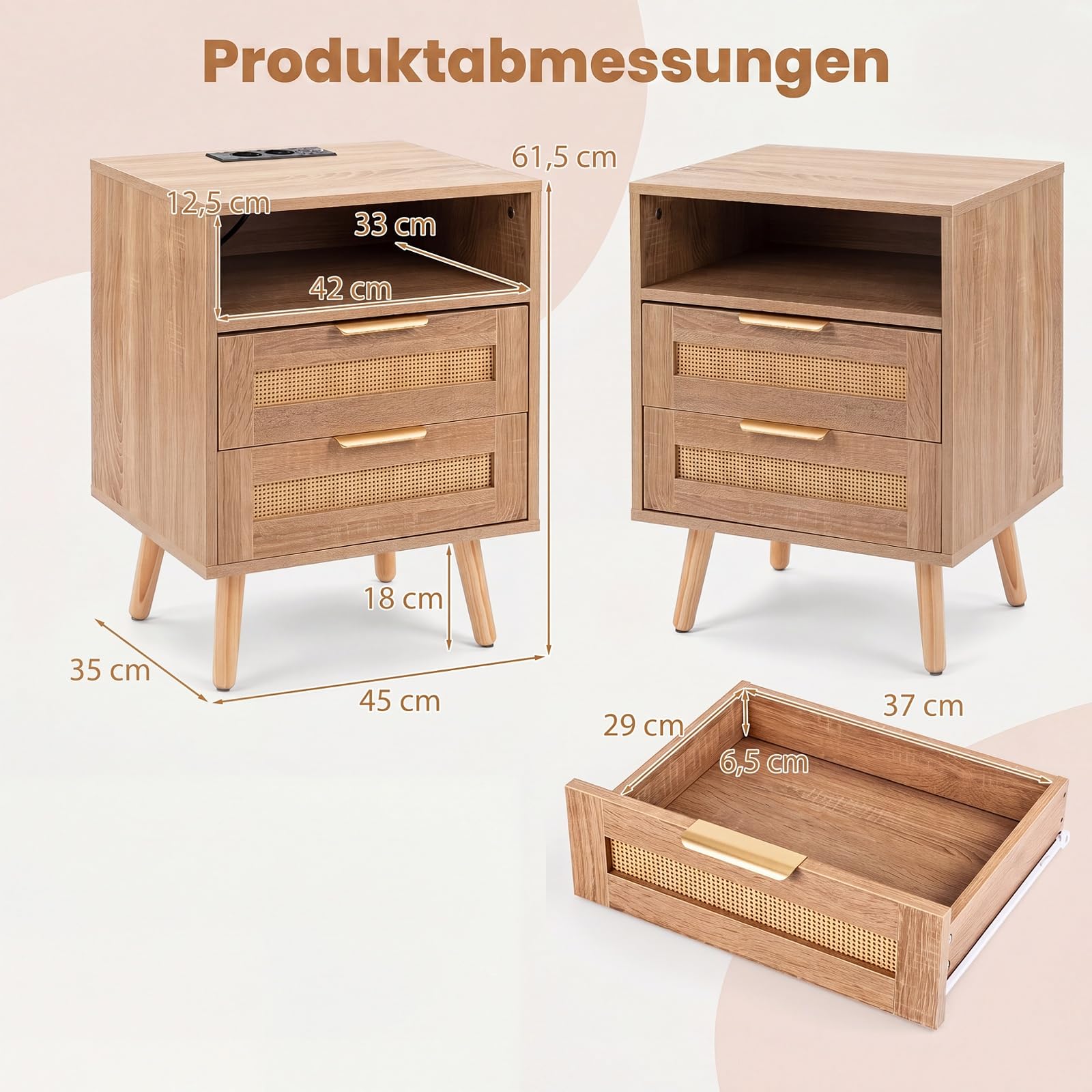 COSTWAY 2er Set Nachttisch mit Ladestation & LED-Leuchten, Holz Nachtkommode mit 2 Schubladen, Beistelltisch mit Rattan-Optik, Nachtschrank mit Fernbedienung, für Schlafzimmer， Wohnzimmer, Natur