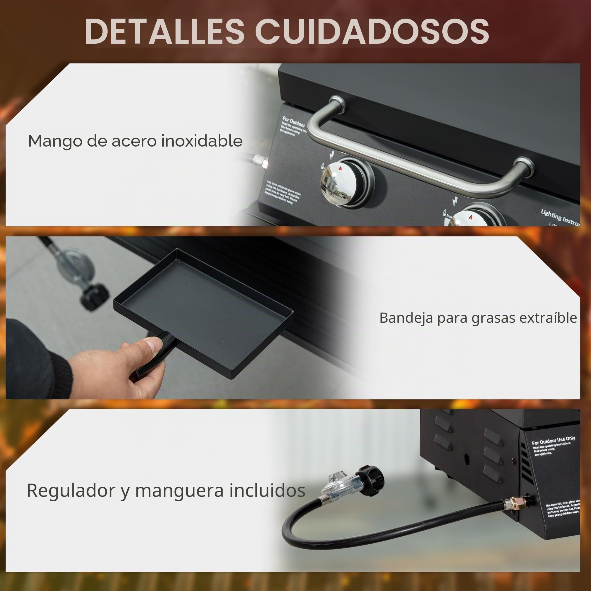 Outsunny BBQ a Gas de Mesa portátil con Patas Plegables 5 kW Negro | 2 Quemadores, BBQ a Gas de Camping, Parrilla de cocción, Bandeja de grasa, Termómetro, Acero apto para alimentos