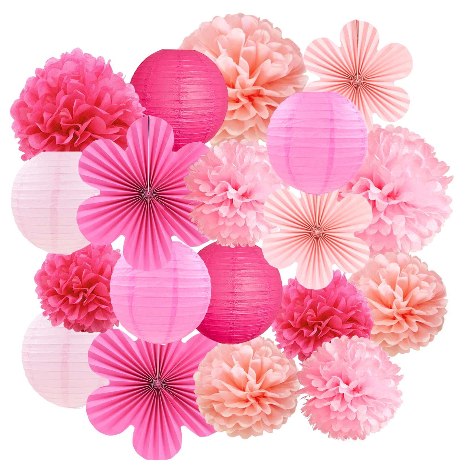 19pcs Rose Pink Paper Party Decorations, Hanging Paper Lanterns Flower Fans Tissue Pom Poms Decoration for Wall Birthday Wedding Bachelorette Room Hanging Décor