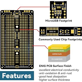 Prototype PCB Kit for DIY Printed Circuit Board Solderable Breadboard with MicroUSB,Double Sided Immersion Gold ENIG,3.55x2,10-Pack