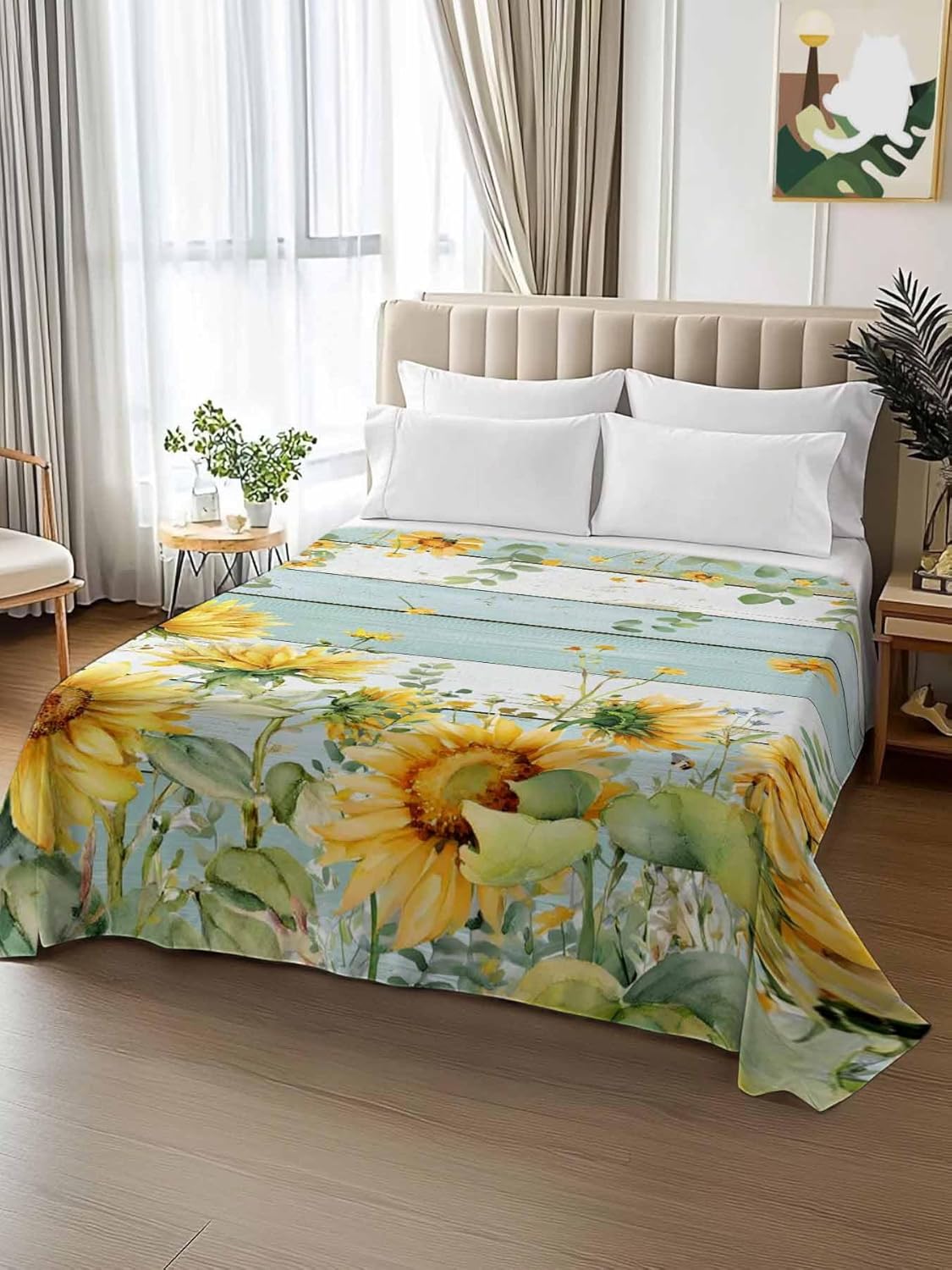 Top Sheet Full Bedding Flat Sheet Only, Rustic Sunflower Leaf Plant Microfiber Bed Sheets Soft Breathable Bedding Flat Sheets, Teal Wood Board Hotel Luxury Top Sheets
