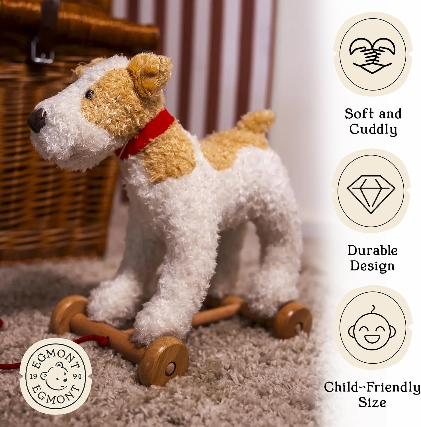 Egmont Toys Eliot Wooden Pull Dog – Montessori Toy for 1 Year Old, Plush Dog Pull Along Set on Wheels, Toddler Pull Puppy, Wooden Soft Plush for Boys and Girls, Educational Baby Drag Along Gift