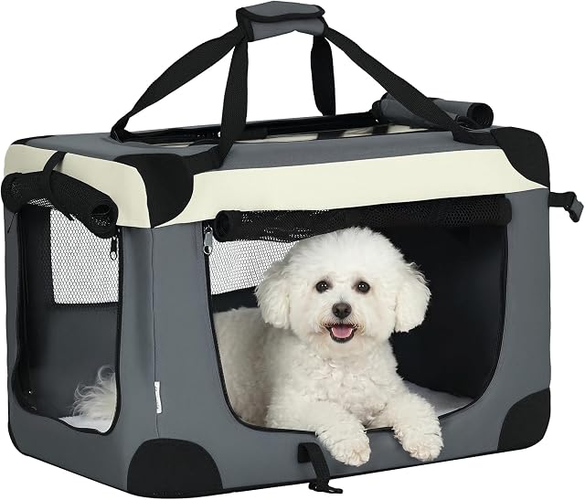 PawHut 60cm Foldable Pet Carrier Bag Soft Travel Dog Crate, Portable Cat Carrier w/Cushion, for Cats and Miniature Dogs - Grey