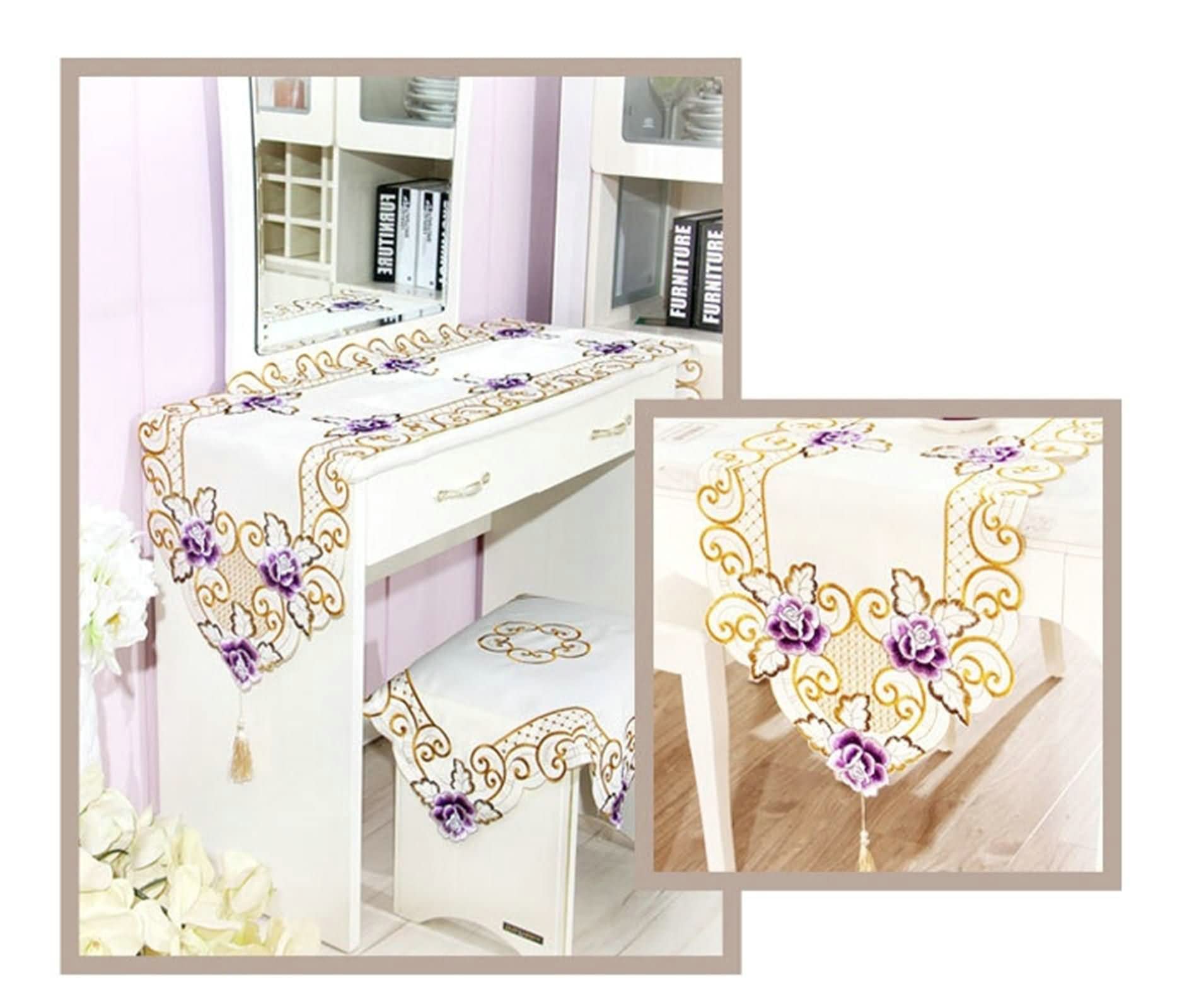 Chemin de table violet brodé de fleurs en polyester haut de gamme avec pompon - 5