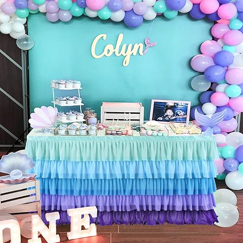Miniatura 6 de Mantel de sirena para decoración de cumpleaños, falda de mesa tutú para mesas rectangulares, océano bajo el mar, fiesta, 9 pies