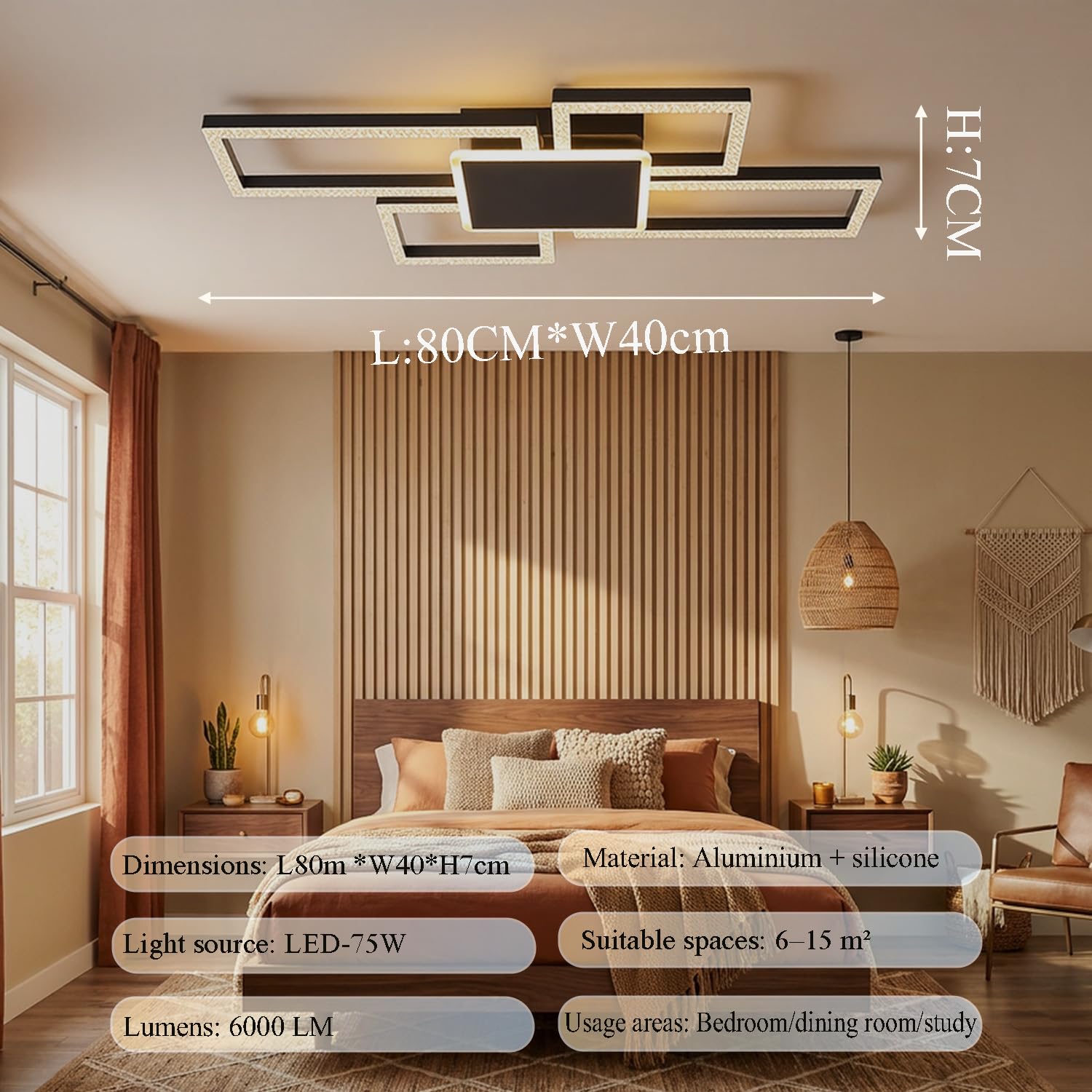 Kwadratowa Lampa Sufitowa LED 75W Czarna z Regulacją Jasności 5 głowic