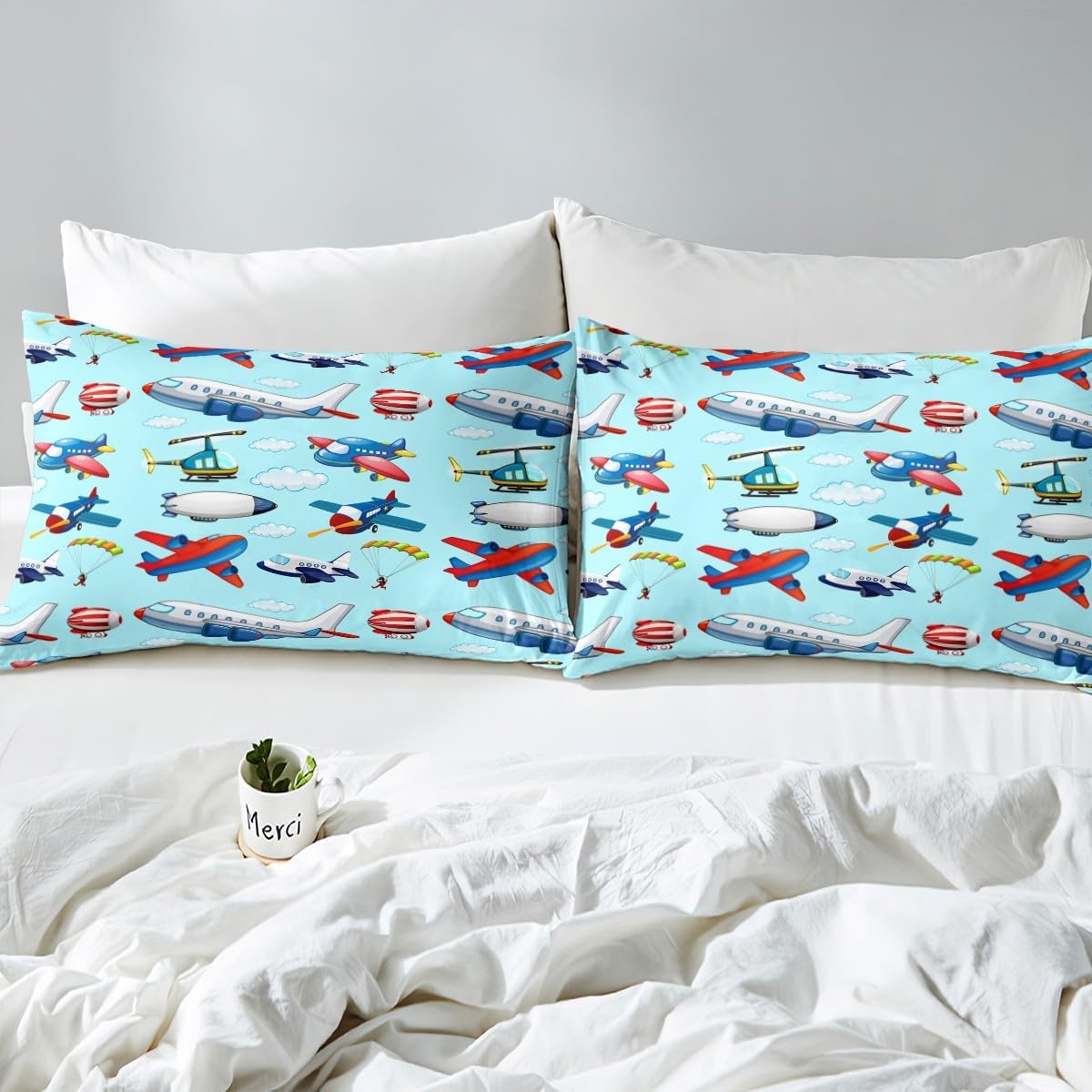 Feelyou Kids Aircraft Fitted Sheet & Pillow Sham Set Boys Cartoon Airplane Print Bedding Set Helicopter Flying Plane Fitted Sheet Travel Decor Bed Cover Cute Colorful Planes Room Decor Twin Size…