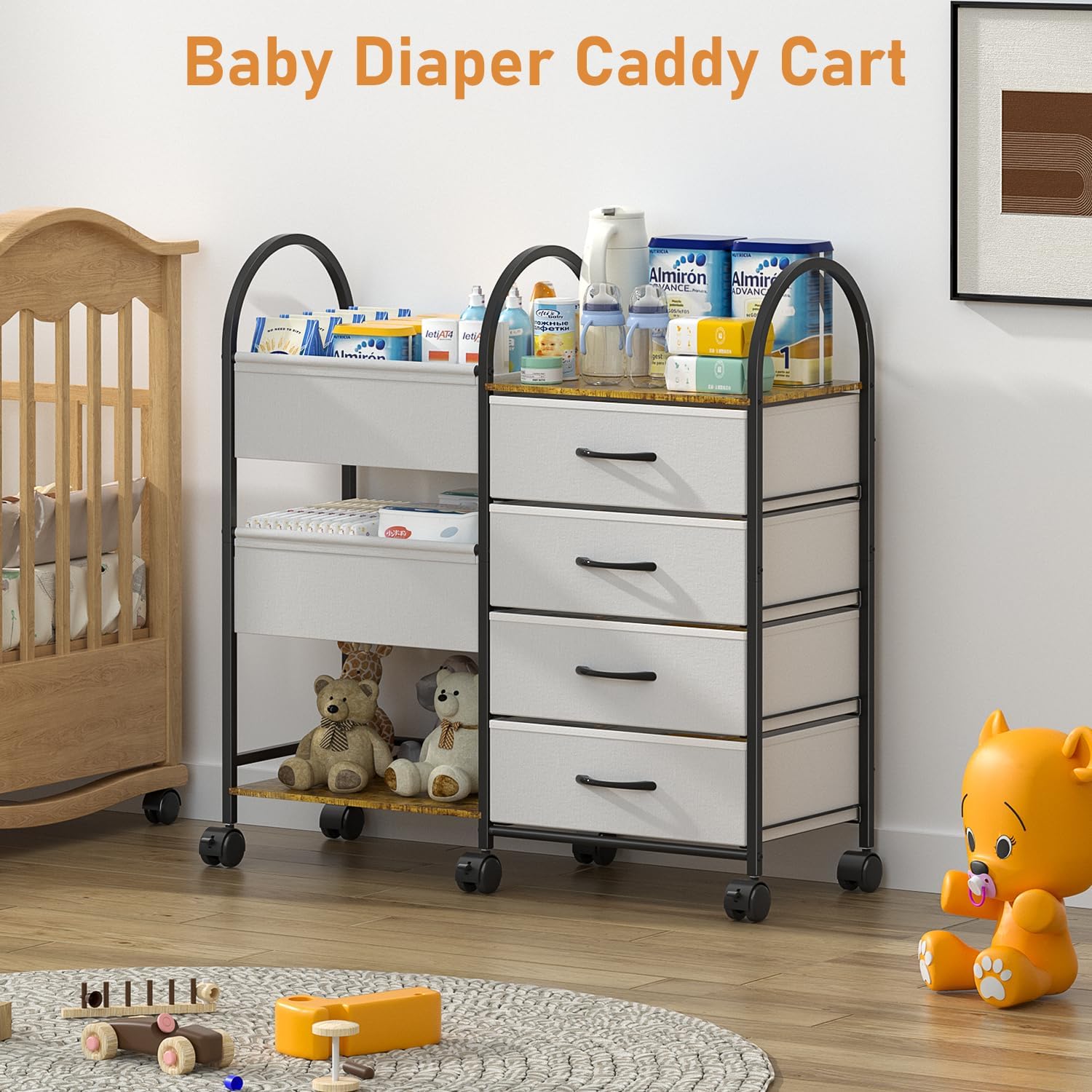 Baby Diaper Caddy Organizer Cart with Wheels, 4-Tier Rolling Diaper Cart with Dividers and Drawers, Multi-Layer Nursery Storage for Diapers & Baby Essentials