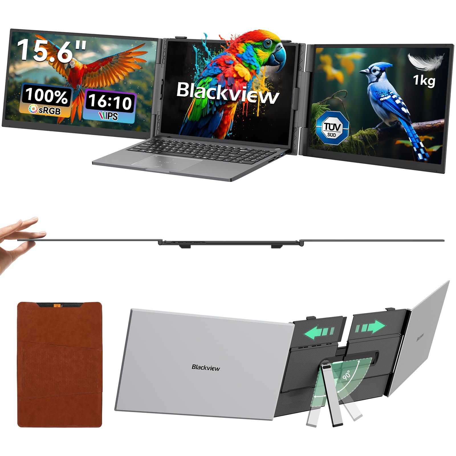 Blackview DCM8 15,6" Ecran PC Portable, 16:10 100% sRGB, 1200P FHD IPS, TÜV, Double Ecran PC Portable avec 13"–17,3", Plug & Play, Compatible Mac, Windows, Chrome (1kg)