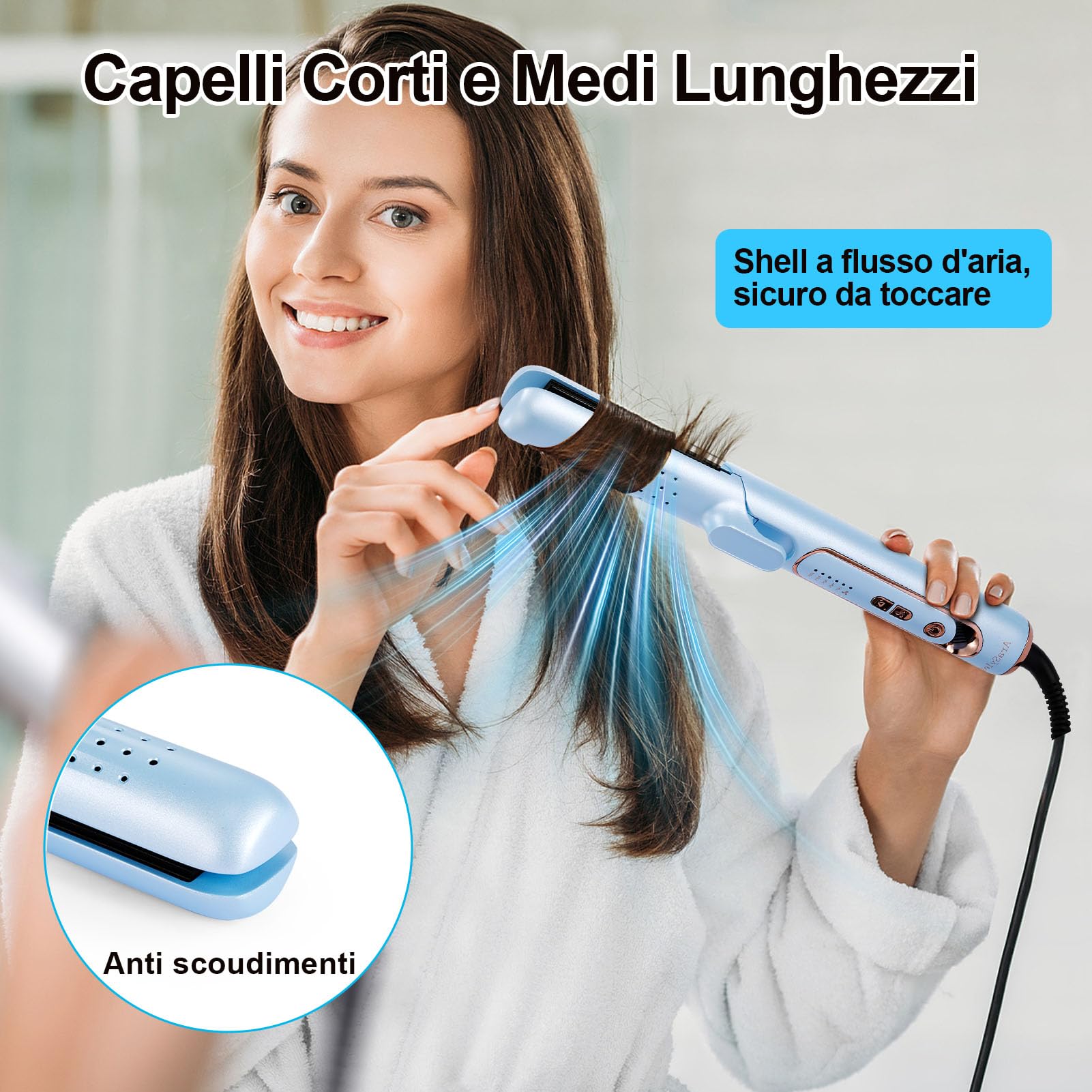 Piastra Capelli con Aria Fredda & ionica, 5 Temp. 140–220 °C | Piastra arricciacapelli 2-in-1, corpo termoprotetto, piastre ceramica tourmalina, 110-240V, cavo 2 m, cavo girevole a 360°