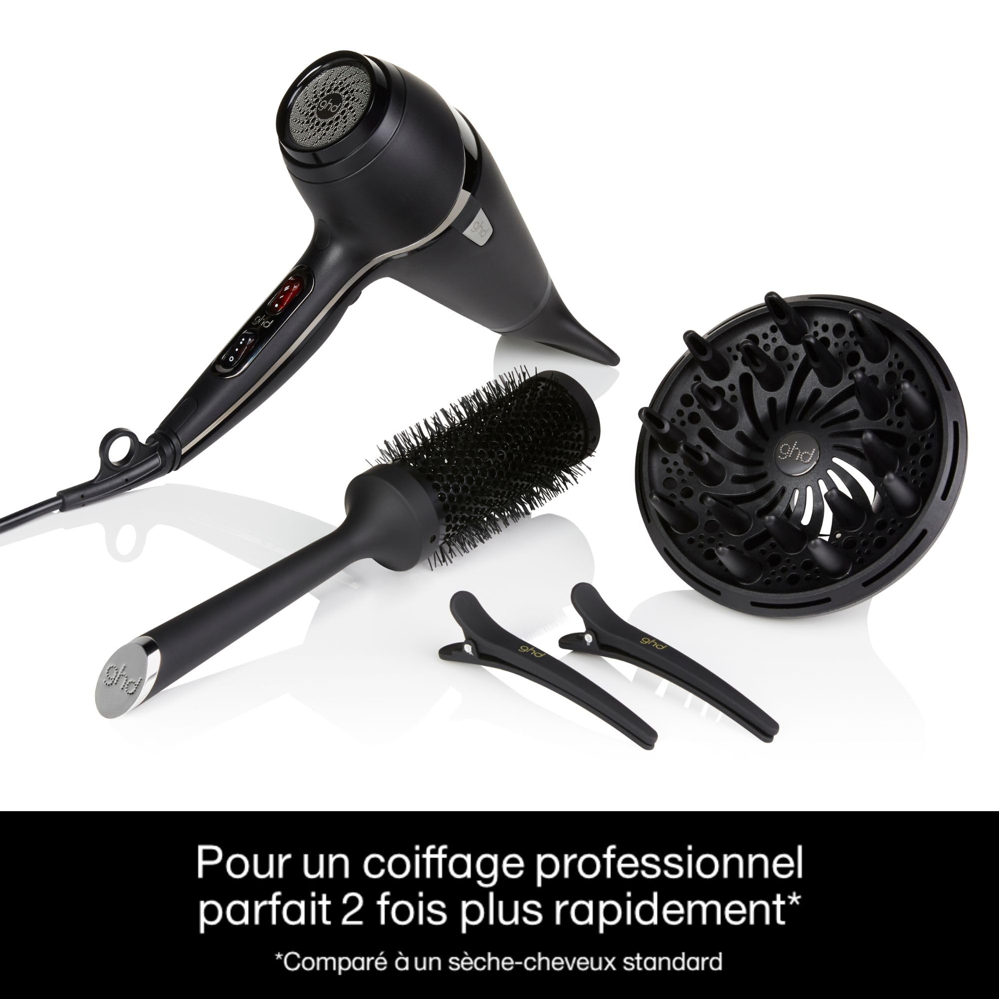 ghd - Coffret sèche-cheveux ghd Air - Sèche-cheveux professionnel (Noir) - Brosse, Diffuseur et Pinces inclus - Séchage et coiffage rapide - Réduit les frisottis - Idéal pour tous types de cheveux