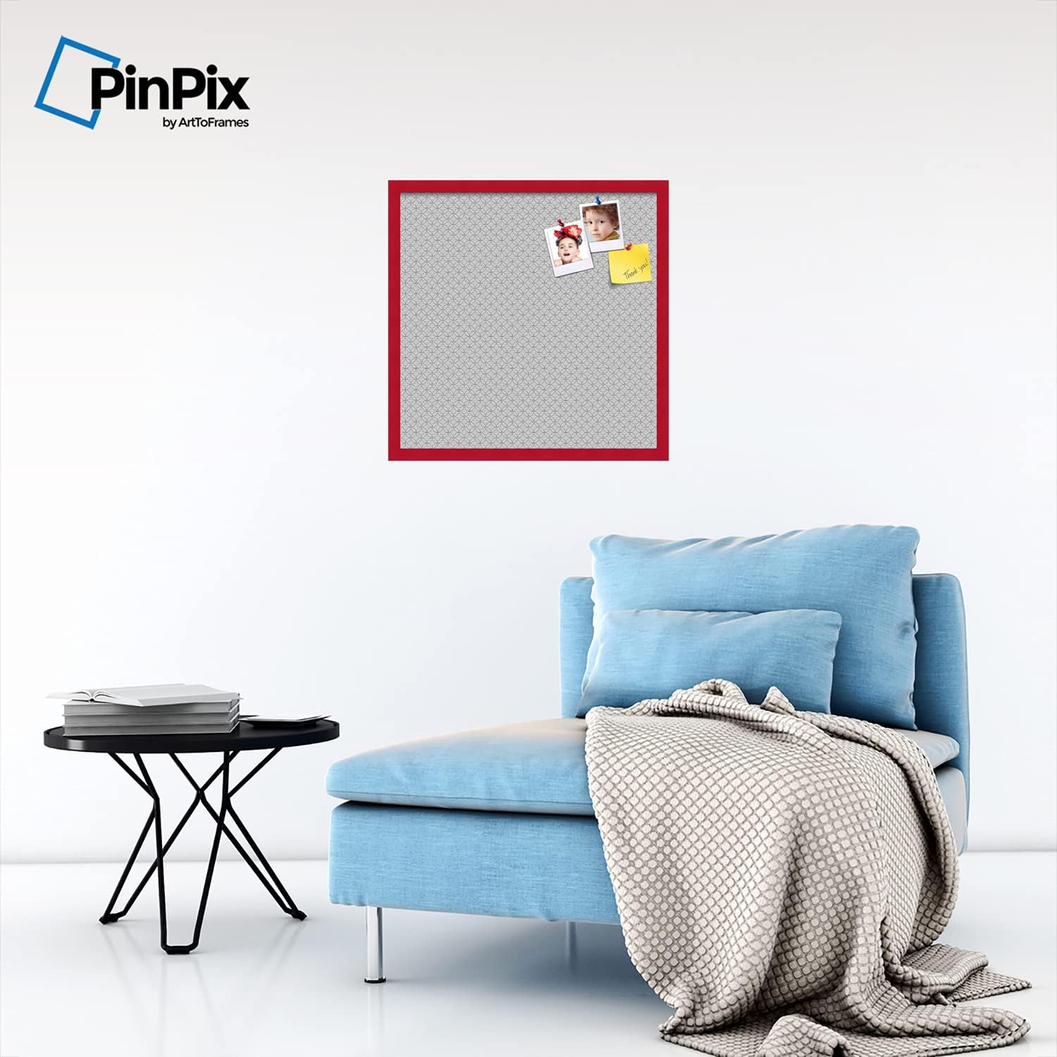 ArtToFrames 24x24 Custom Cork Bulletin Board. This Seamless Circles Black and White Pin Board Has a Fabric Style Canvas Finish, Framed in Red Stain on Beech (PinPix-117-24x24_0066-81792-YRED)