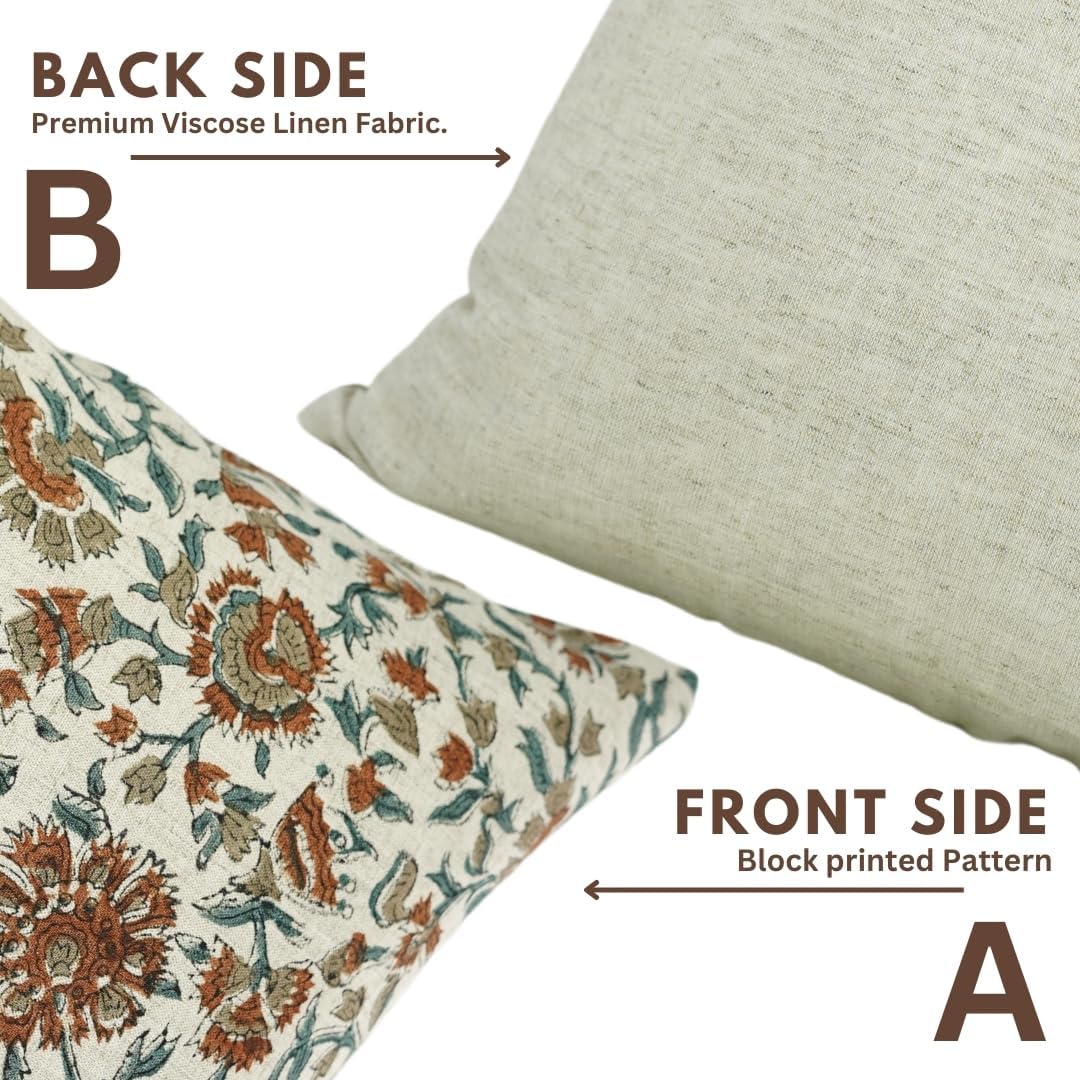 Handmade Block Print 14X14 Inches Viscous Linen Throw Pillowcase Cushion Cover, Fall Season, Summer, Spring Decoration for Sofa, Couch, Living Room, Home Décor, Farmhouse, Pushplata, Brown