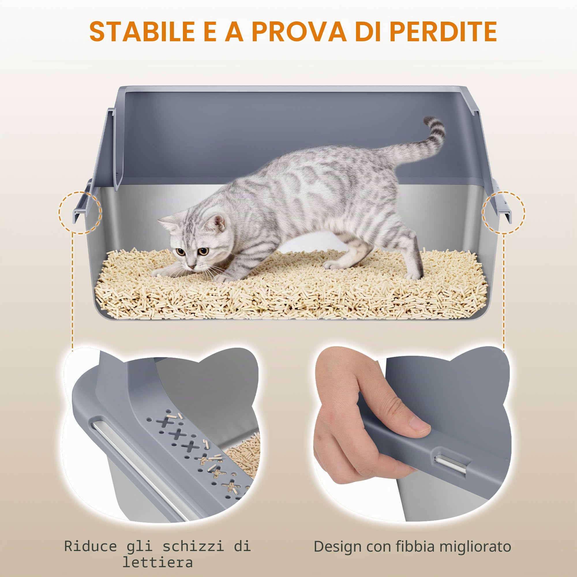 Lettiera in Acciaio per Gatti XXL, 60,5x40x29 cm, Grigio Scuro | Metallo Lettiera Acciaio con Bordi Alti, Grande Capacità Lettiere per Gatti, Paletta, Facile da Pulire FPLB003SG2