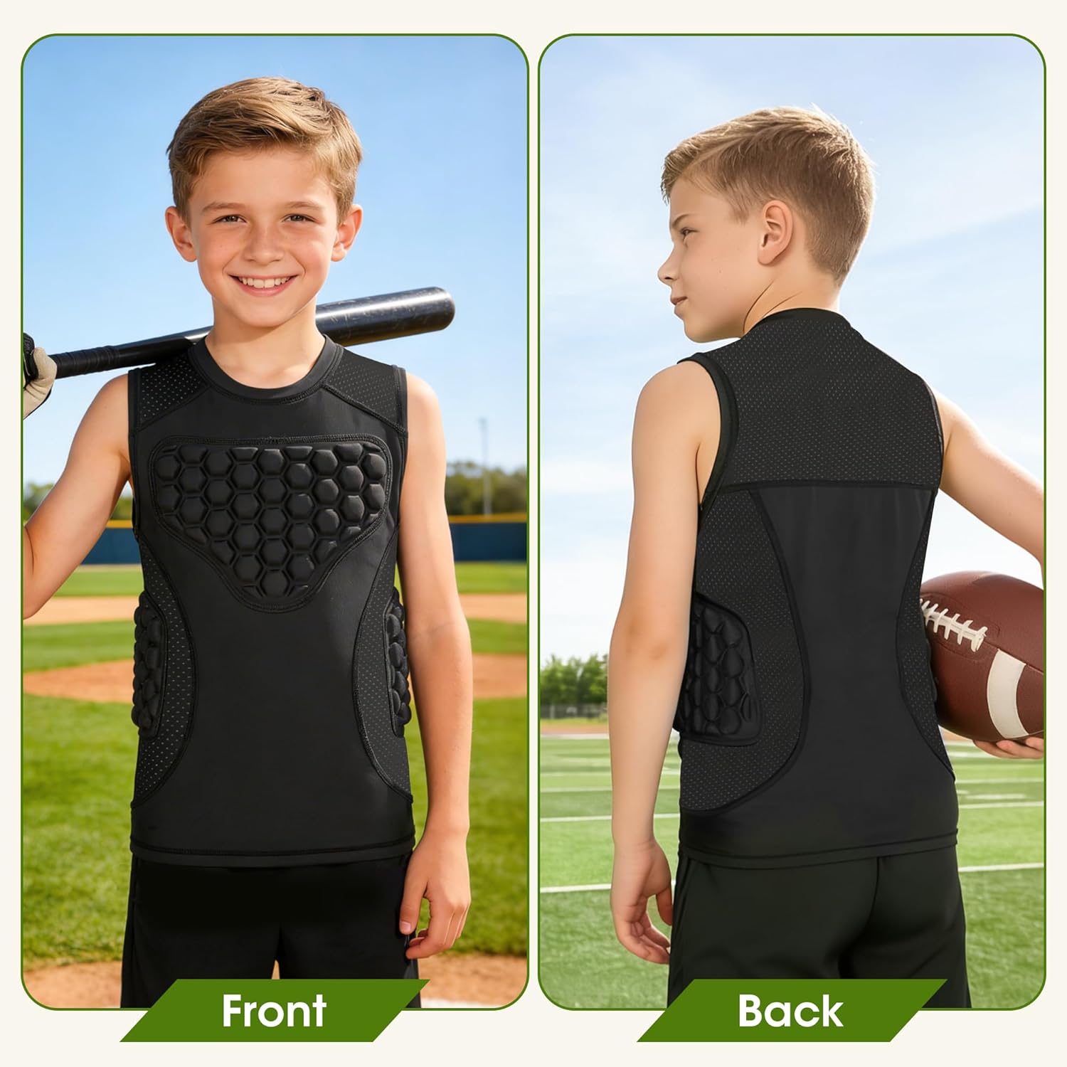 Youth Baseball Chest Protector, Heart Sternum Rib Guard Padded Compression Shirt with 3 PCS EVA Pads for Softball Football Baseball Lacrosse