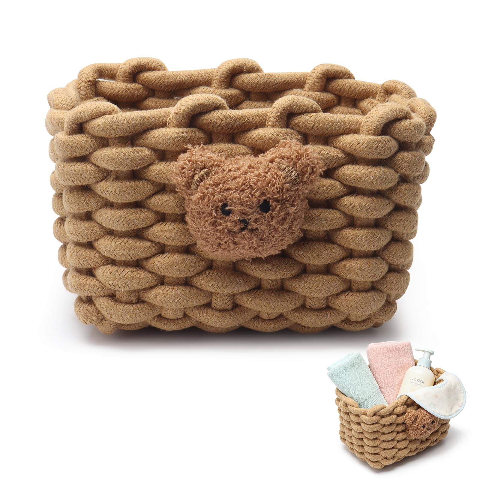 Chanxiuzai Brown Woven Cotton Wicker Storage Basket With Bear Motif, White - Bathroom Organizer For Desk, Makeup Table, Cabinets, Bath, Kitchen (Brown)