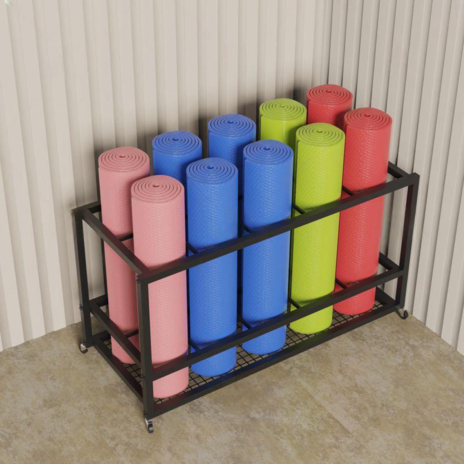 Cesta para esterillas de yoga de metal con ruedas para 20 esterillas