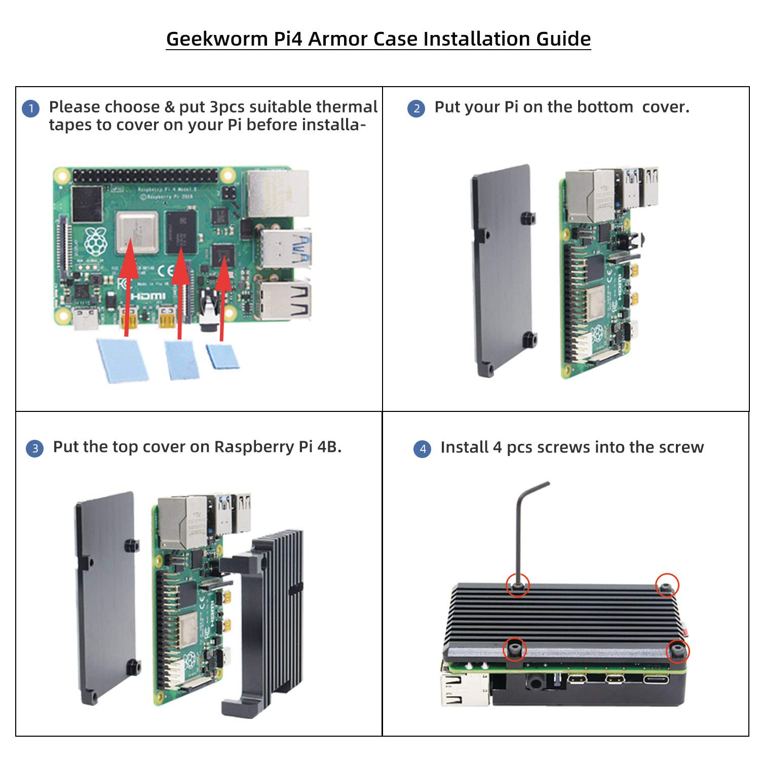 Geekworm Raspberry Pi 4 Computer Model B Armor Aluminum Alloy Case/Raspberry Pi Passive Cooling Shell Metal Enclosure Heat Dissipation for Pi 4B Only (Case without fan-Black) — view 9