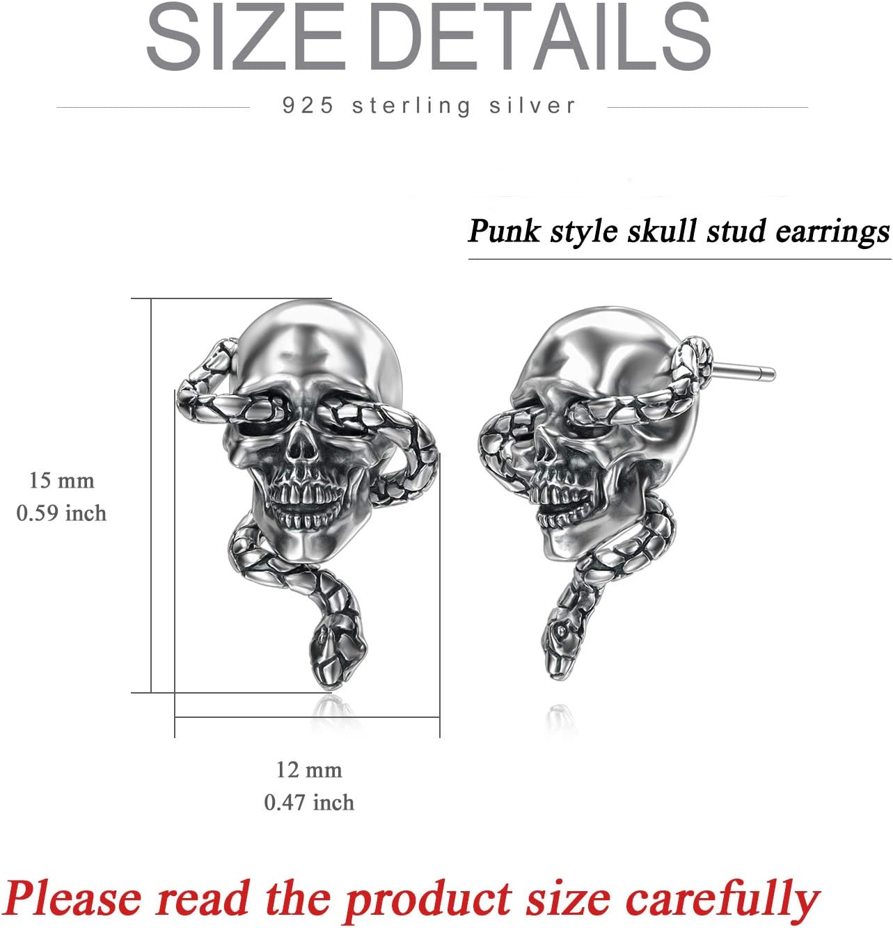 RMREWY Snake Skull 925 Sterling Silver Earrings for men Gothic Bone Stud Earrings for women Silver Jewelry Christmas Halloween Birthday Nurses Day Gift for Snake Skull Lover
